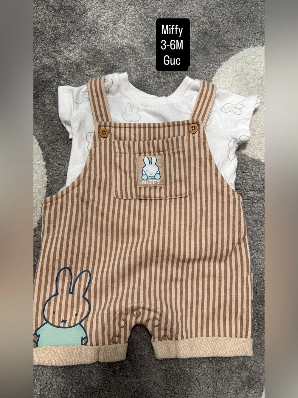 miffy Tan & Cream Striped Baby Overalls with Bunny Patch